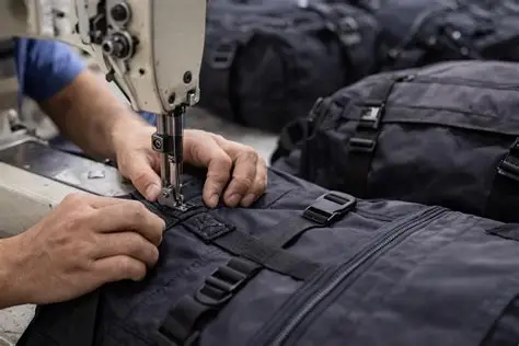 Quality inspector checking a luggage component at a bench with measurement tools
